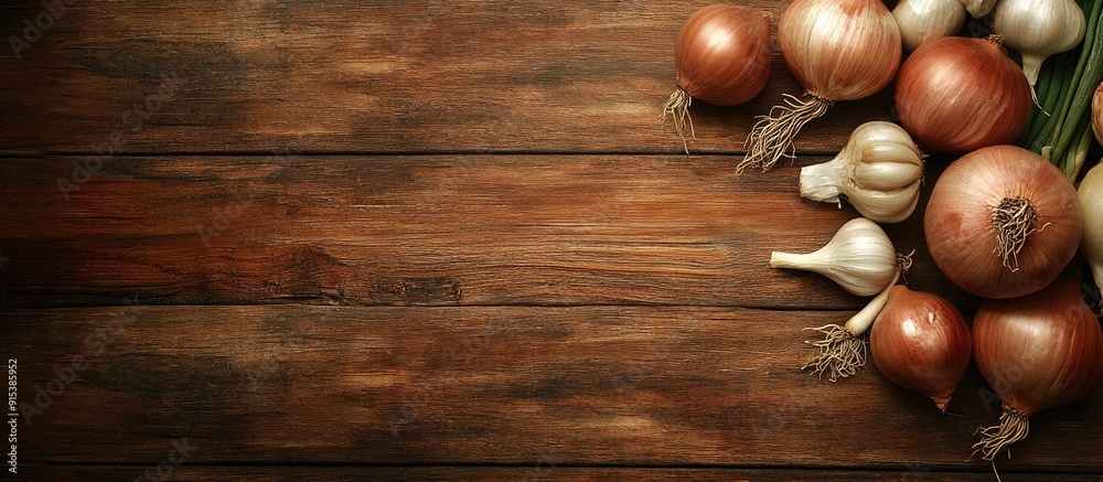 Poster Garlic and onions on a wood backdrop. with copy space image. Place for adding text or design