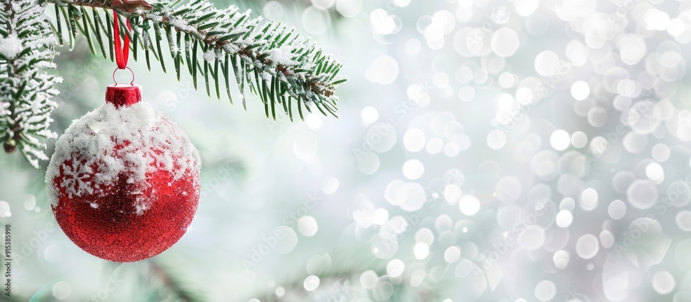 Poster christmas ornament hanging from a tree branch with copy space on a white background