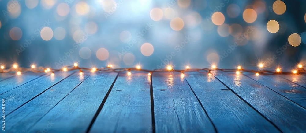 Leinwandbilder decorative bokeh lights on a blue wooden surface christmas backdrop. with copy space image. place fo