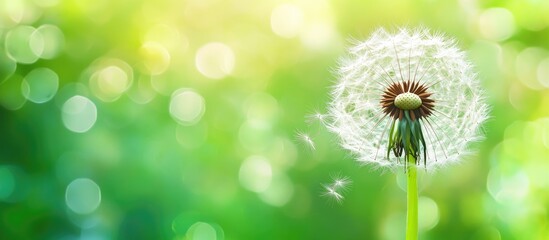 Fluffy dandelion with a blurred green background. with copy space image. Place for adding text or design