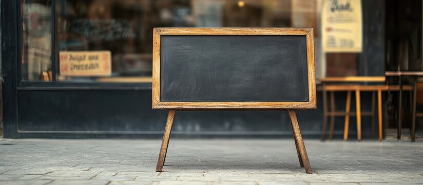 An empty sandwich chalkboard stand is situated on the street awaiting filling. with copy space image. Place for adding text or design
