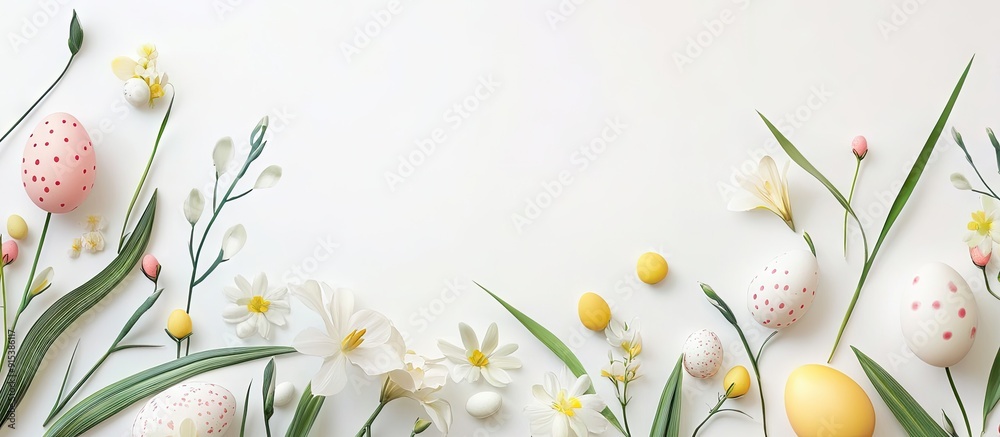 Poster Easter arrangement on a white background. with copy space image. Place for adding text or design