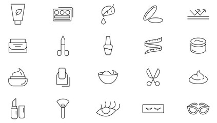 Beauty line icon set. On face, hair cut, eyes mascara, aloe vera, pedicure, eye makeup, body lotion, Skincare, and Spa treatments outline icon collection. UI thin line icon set.