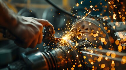 A macro view of a lawnmower blade sharpening process, detailed focus on the blade and tool, sparks in motion, hands holding the blade, workshop setting, hd quality, sharp details, realistic lighting.