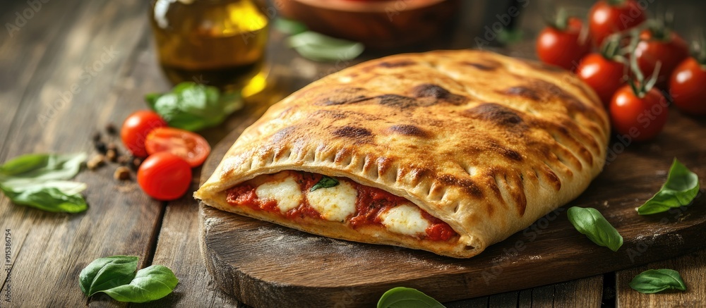 Aufkleber Italian cuisine stuffed calzone pizza on a rustic wooden surface In the background are small red tomatoes mozzarella basil and olive oil. with copy space image. Place for adding text or design