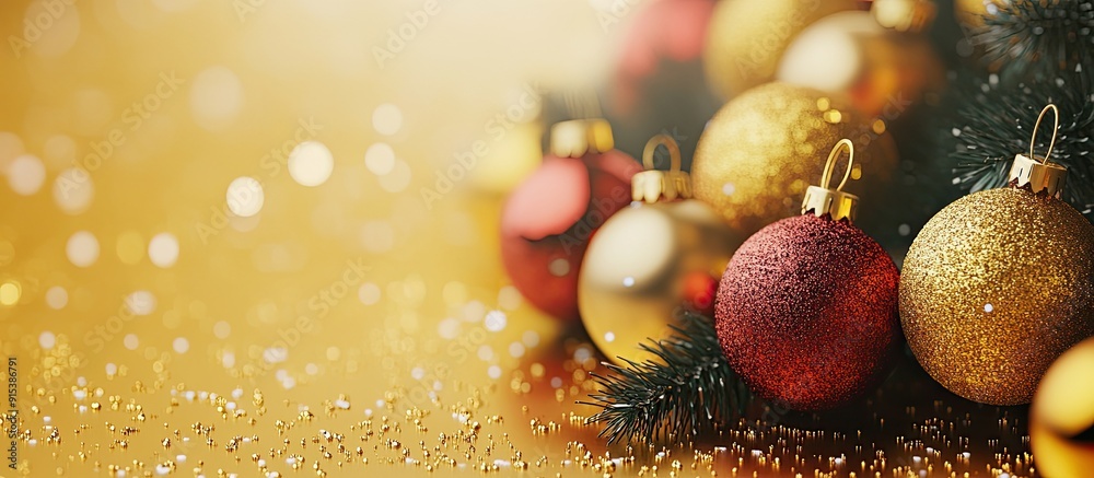 Poster christmas arrangement of tree ornaments on a gold backdrop. with copy space image. place for adding 