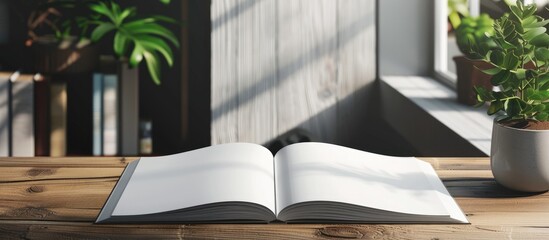 Mock up magazine or catalog placed on a wooden table. with copy space image. Place for adding text or design