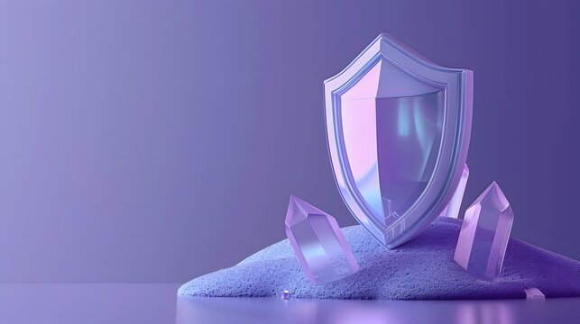 Abstract image with a glowing shield and crystals on a purple background, symbolizing protection and strength.