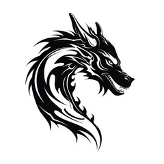 Fototapeta premium Black and White Tribal Wolf Head with Sharp Teeth and Detailed Fur.