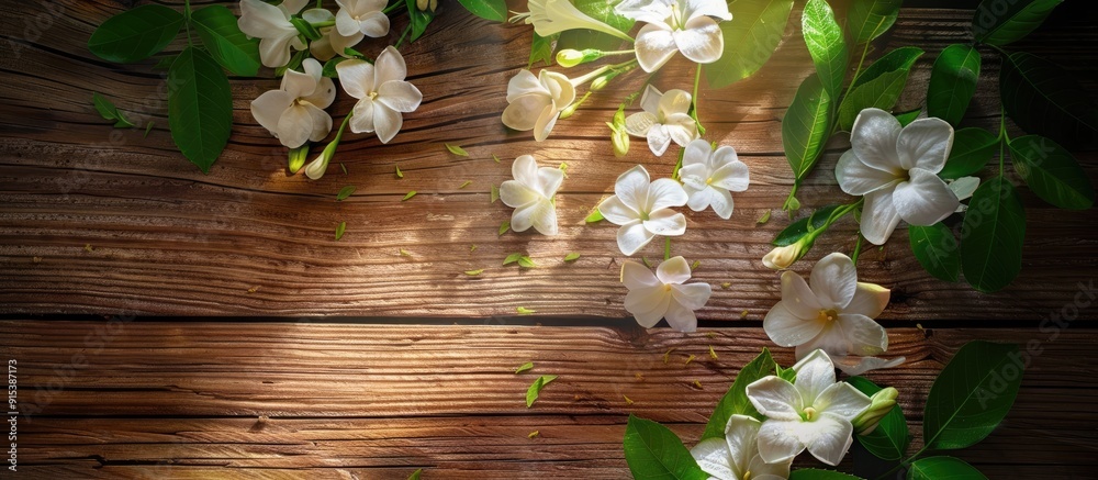 Poster Spring flowering branch on a wooden surface Jasmine. with copy space image. Place for adding text or design
