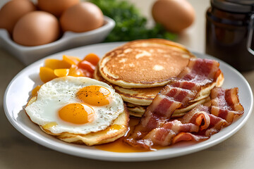 Breakfast with bacon, eggs, pancakes, and toast