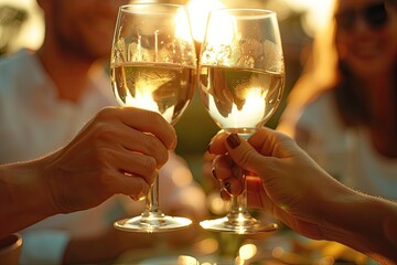 Friends celebrating with glasses of white wine in the golden sunlight at an outdoor table