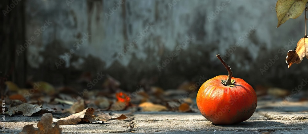 Poster a persimmon that has landed on the ground. with copy space image. place for adding text or design