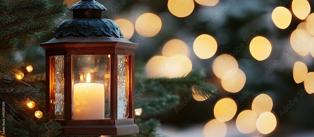 Poster Closeup of a festive Christmas wooden lantern featuring a candle fir tree and sparkling lights with selective focus. with copy space image. Place for adding text or design