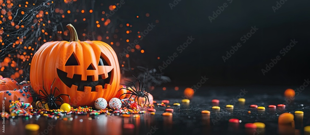 Poster halloween holiday backdrop featuring a pumpkin and candy halloween theme pumpkins spiders and a mask