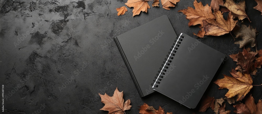 Aufkleber two notebooks and dried leaves on a surface. with copy space image. Place for adding text or design