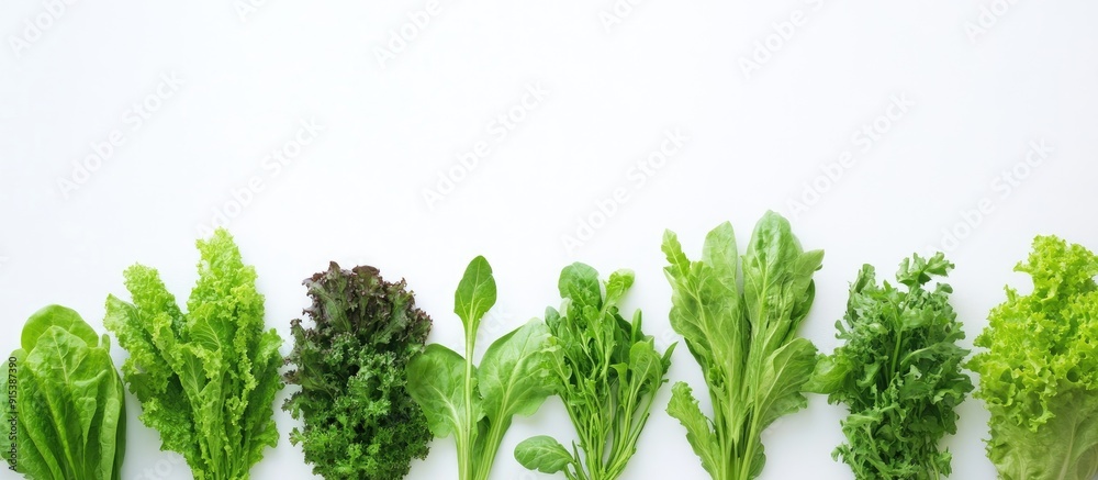 Poster young green vegetables set against a white background. with copy space image. place for adding text 