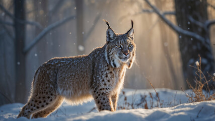 Obraz premium Lince maschio in una foresta innevata in inverno