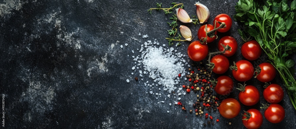 Poster ingredients for preparing cherry tomatoes salt spices and herbs on a dark concrete surface. with cop
