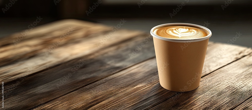 Poster Close up of a mocha latte coffee cup on a wooden table. with copy space image. Place for adding text or design