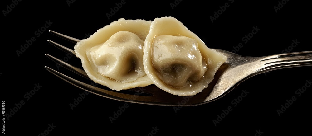 Poster isolated traditional russian pelmeni ravioli and meat dumplings on a vintage fork against a black ba
