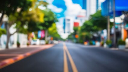 Fototapeta premium Abstract blur empty road with blurry trees and building background
