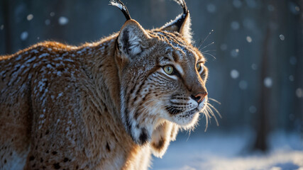 Obraz premium Lince maschio in una foresta innevata in inverno