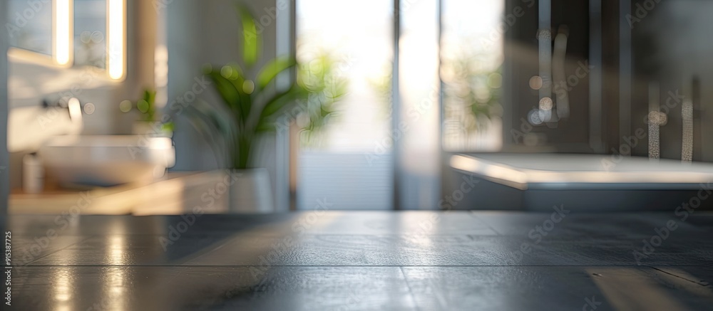 Aufkleber Tabletop with a blurred bathroom in the background. with copy space image. Place for adding text or design