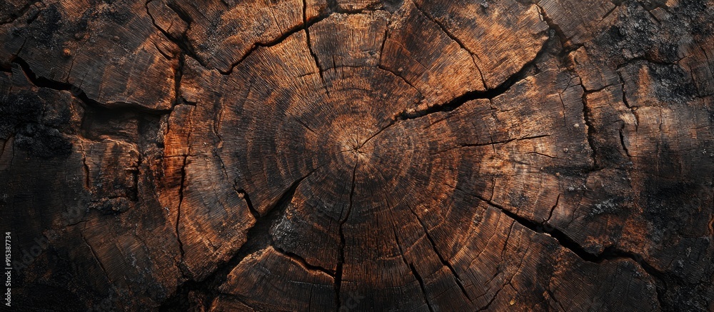 Poster Close up of a large old tree stump Wood and bark texture Smooth cross section featuring cracks hollows indentations and growth rings. with copy space image. Place for adding text or design
