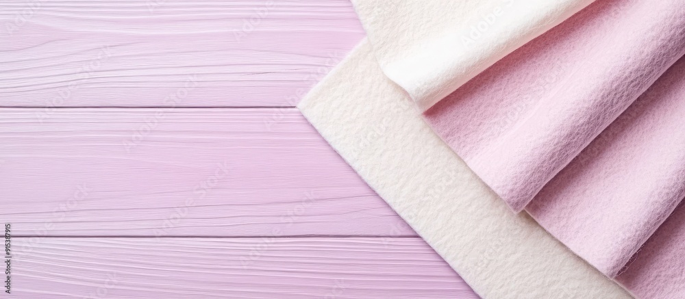 Poster pink and white felt sheets on a lilac wooden surface with copyspace for text felt backdrop