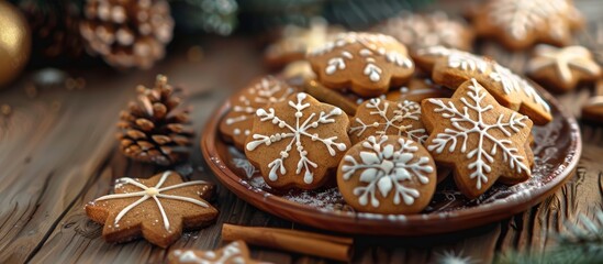 Fototapeta premium Plate of delicious holiday Gingerbread Cookies on a wooden table Merry Christmas and Happy New Year card. with copy space image. Place for adding text or design