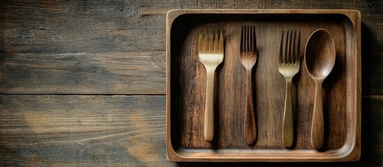 Vintage wooden cutlery and tray placed on a brown wooden surface Copy space