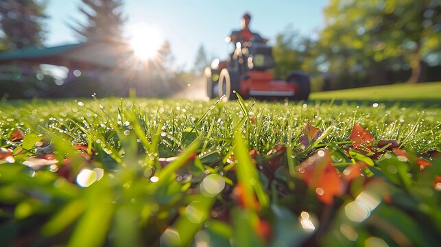 A professional landscaper in action with a commercial lawnmower, close-up of the uniform and machinery, vibrant green lawn, sunny weather, detailed and realistic, hd quality, soft focus,