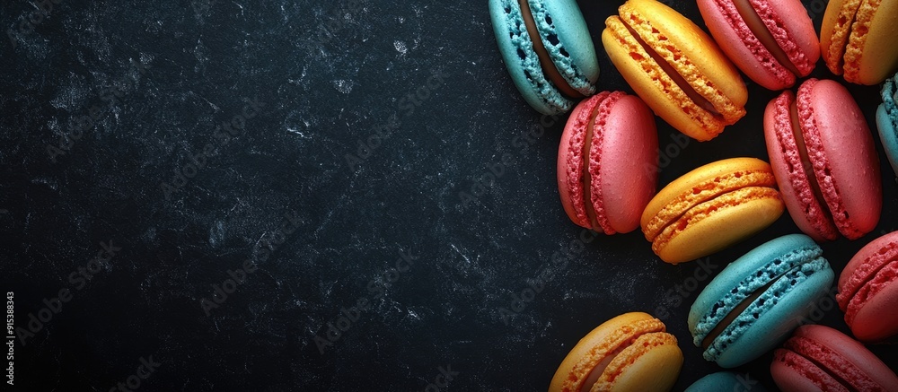 Poster colorful macaroons on a textured black background text copy space