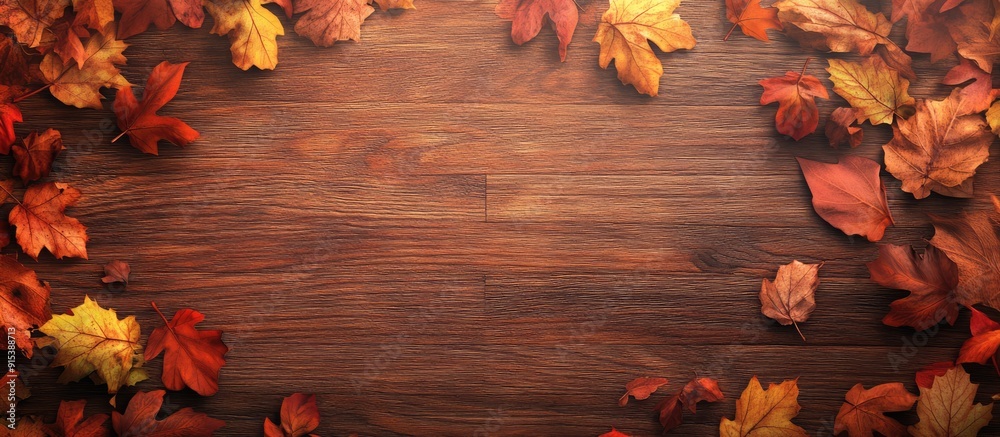 Fototapete autumn leaves on a wood surface. with copy space image. place for adding text or design
