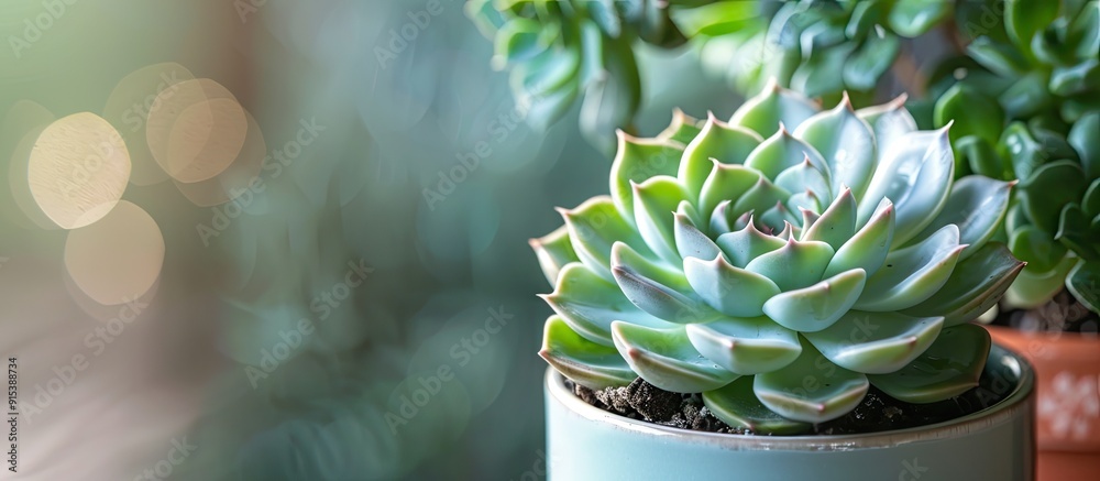 Poster Close up of the succulent plant Echeveria subsesilis variegata in a violet pot against a white background. with copy space image. Place for adding text or design