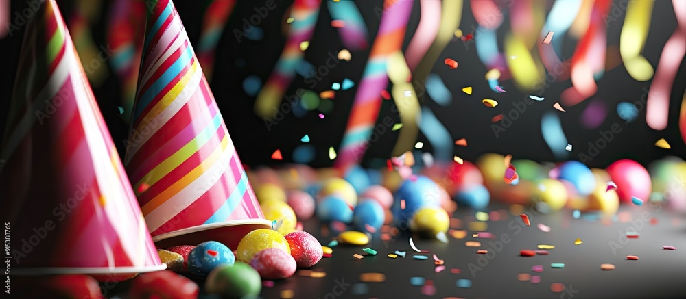 Poster Party background image featuring party hats streamers and colorful candies captured with copy space