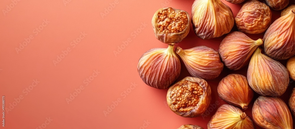 Aufkleber Dried figs on a colored background viewed from above with space for text Nutritious fruit. with copy space image. Place for adding text or design