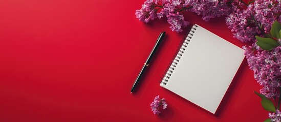Spiral notebook and pen Notepad featuring a pen and flowers Lilac notebook on a red background. with copy space image. Place for adding text or design