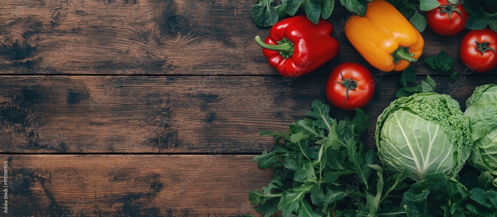 Poster sweet pepper alongside cabbage tomatoes and greens on a wooden background from a top view with copy 