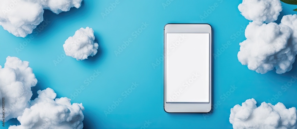 Poster Top view of blank paper clouds next to a smartphone and a digital tablet with a blank screen set against a blue background. with copy space image. Place for adding text or design