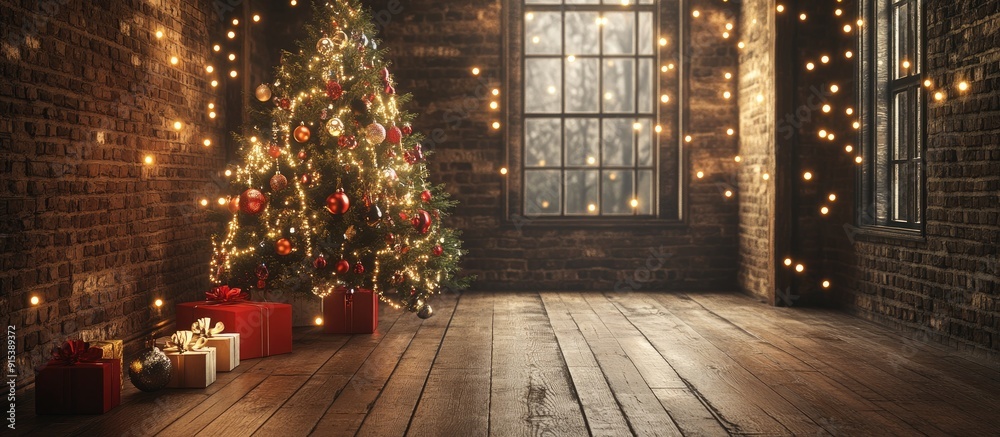 Poster Indoor Christmas Light Display with Tree and Ornaments. with copy space image. Place for adding text or design