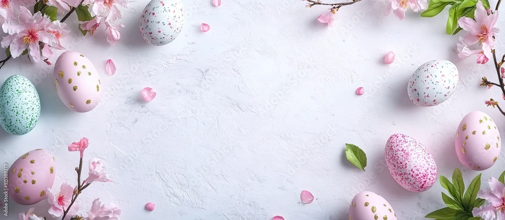 Aufkleber Easter bunny colored eggs and pink flowers Festive Easter web banner featuring free text space. with copy space image. Place for adding text or design