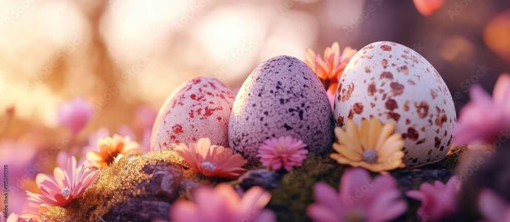Poster Easter eggs featuring flowers. with copy space image. Place for adding text or design