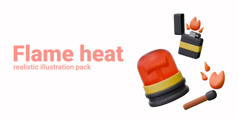 Flame heat. Realistic red lamp, lit match, lighter with fire. Causes of fire, danger signal