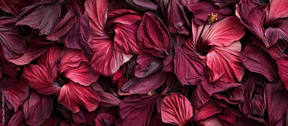 Poster Background of dried hibiscus flowers in a top view. with copy space image. Place for adding text or design