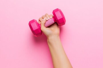 Empowered Woman Holding Pink Dumbbells, Symbolizing Strength and Health in a Vibrant Pink Ambiance Reflecting Feminine Power and Determination