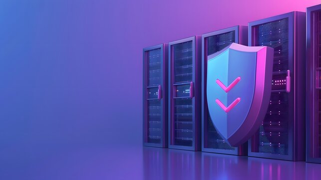 Data center with secure server rack glowing pink and blue lights, representing cybersecurity and data protection in a cloud environment.