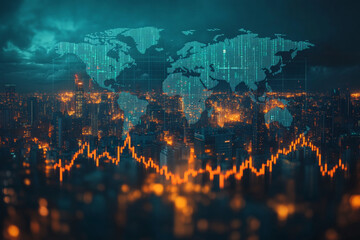 Fototapeta premium The background is the world map, with financial charts and stock market graphics. In front of it stands an upward arrow pointing upwards.