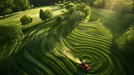 A wide-angle shot of a lawnmower creating elaborate patterns on a green lawn, various geometric shapes, bright sunny day, detailed and vibrant, hd quality, natural lighting, soft focus,